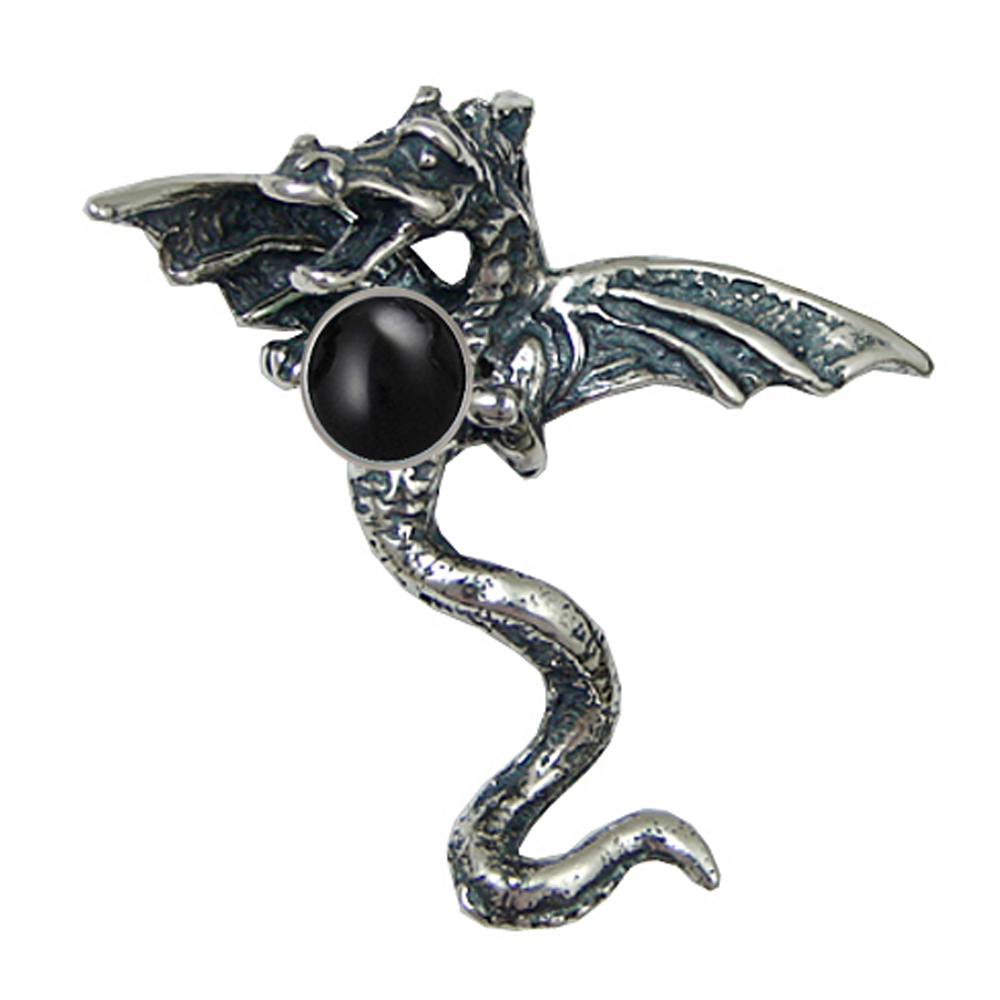 Sterling Silver 3D Dragon Pendant With Black Onyx